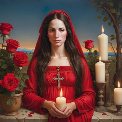 Prompt: Mary Magdalene, with dark hair, south of France, Country side, red gown, abundance of red roses, Camargue cross, vibrant and rich colors, oil painting, high quality, classical art, warm tones, soft lighting, biblical, detailed facial features, traditional, historical, religious iconography, detailed floral arrangements, candles
