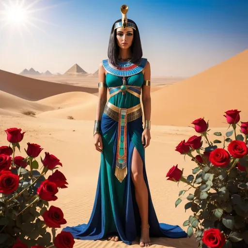 Prompt:  life like Egyptian goddess, wearing a gown, standing in Egyptian desert, surrounded by of red and black, blue, and green roses, sunlight, hathor