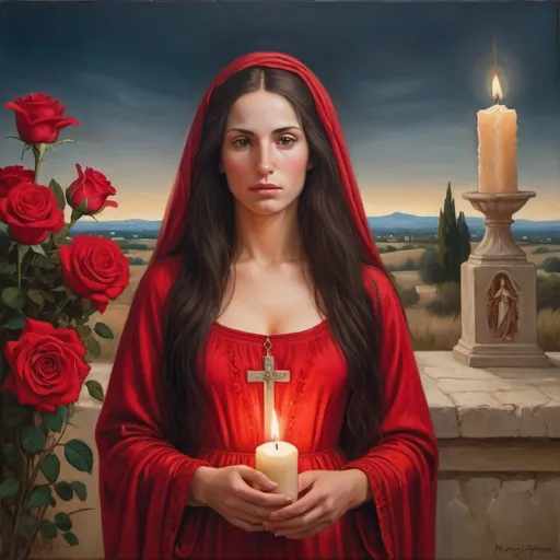 Prompt: Mary Magdalene, with dark hair, south of France, Country side, red gown, abundance of red roses, Camargue cross, vibrant and rich colors, oil painting, high quality, warm tones, soft lighting, biblical, detailed facial features, religious iconography,  lots of candles
