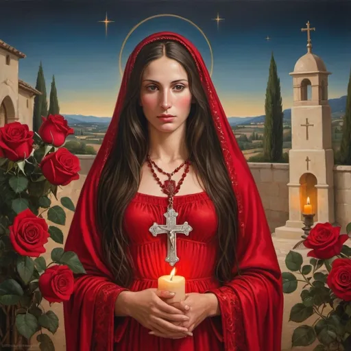 Prompt: Mary Magdalene, with dark hair, south of France, Country side, in temple,  detailed red gown, religious jewelry, abundance of red roses, Camargue cross, vibrant and rich colors, oil painting, high quality, warm tones, soft lighting, biblical, detailed facial features, religious iconography, lots of candles