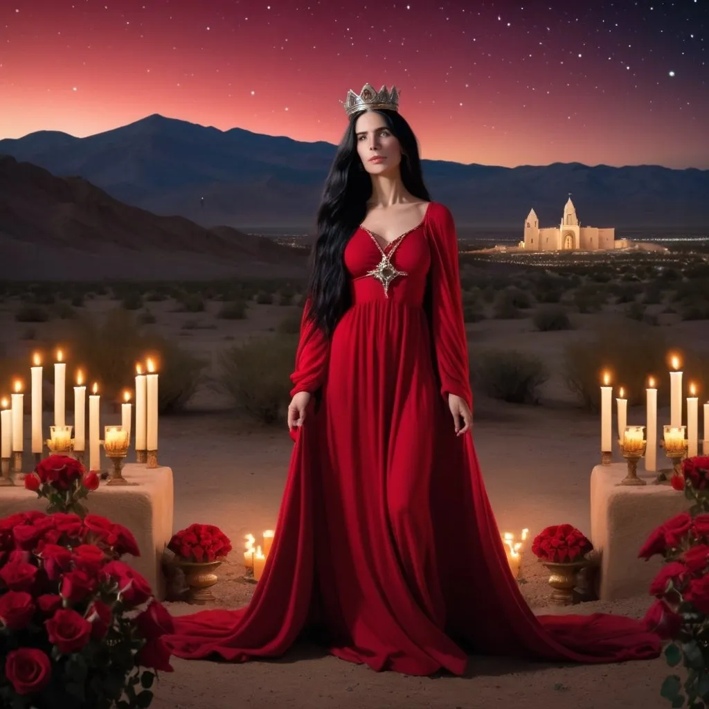 Prompt: beautiful life like woman, Mary Magdalene, wearing a long red gown, crown of flowers, long black hair, desert landscape, temple in background, candles, lots of red roses, night sky, stars