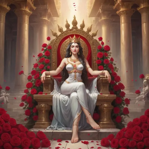 Prompt: goddess, sitting on a throne, with a crown, in a temple surrounded by roses