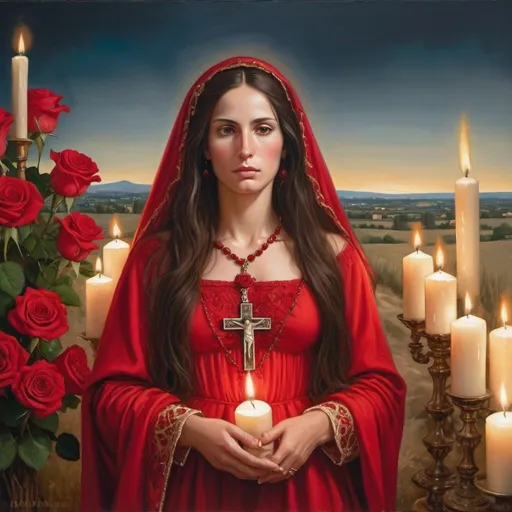 Prompt: Mary Magdalene, with dark hair, south of France, Country side, detailed red gown, religious jewelry, abundance of red roses, Camargue cross, vibrant and rich colors, oil painting, high quality, warm tones, soft lighting, biblical, detailed facial features, religious iconography, lots of candles