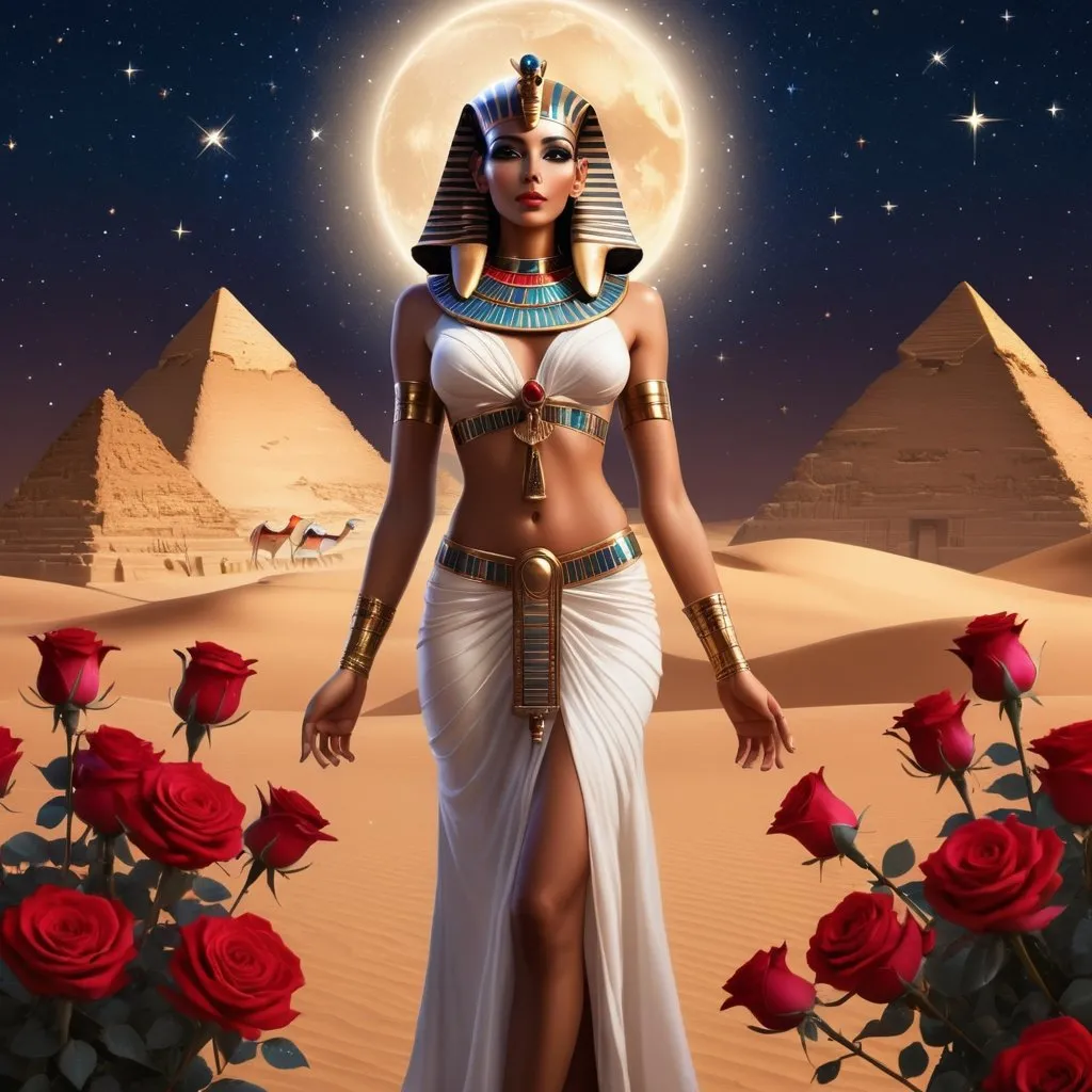 Prompt: life like Egyptian goddess, standing in Egyptian desert, surrounded by red roses, night time, seven stars, 