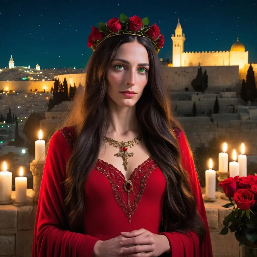 Prompt:  Mary Magdalene, wearing a long red gown, crown of flowers, long dark hair, green eyes, Jerusalem, temple in background, candles, lots of red roses, night sky, stars