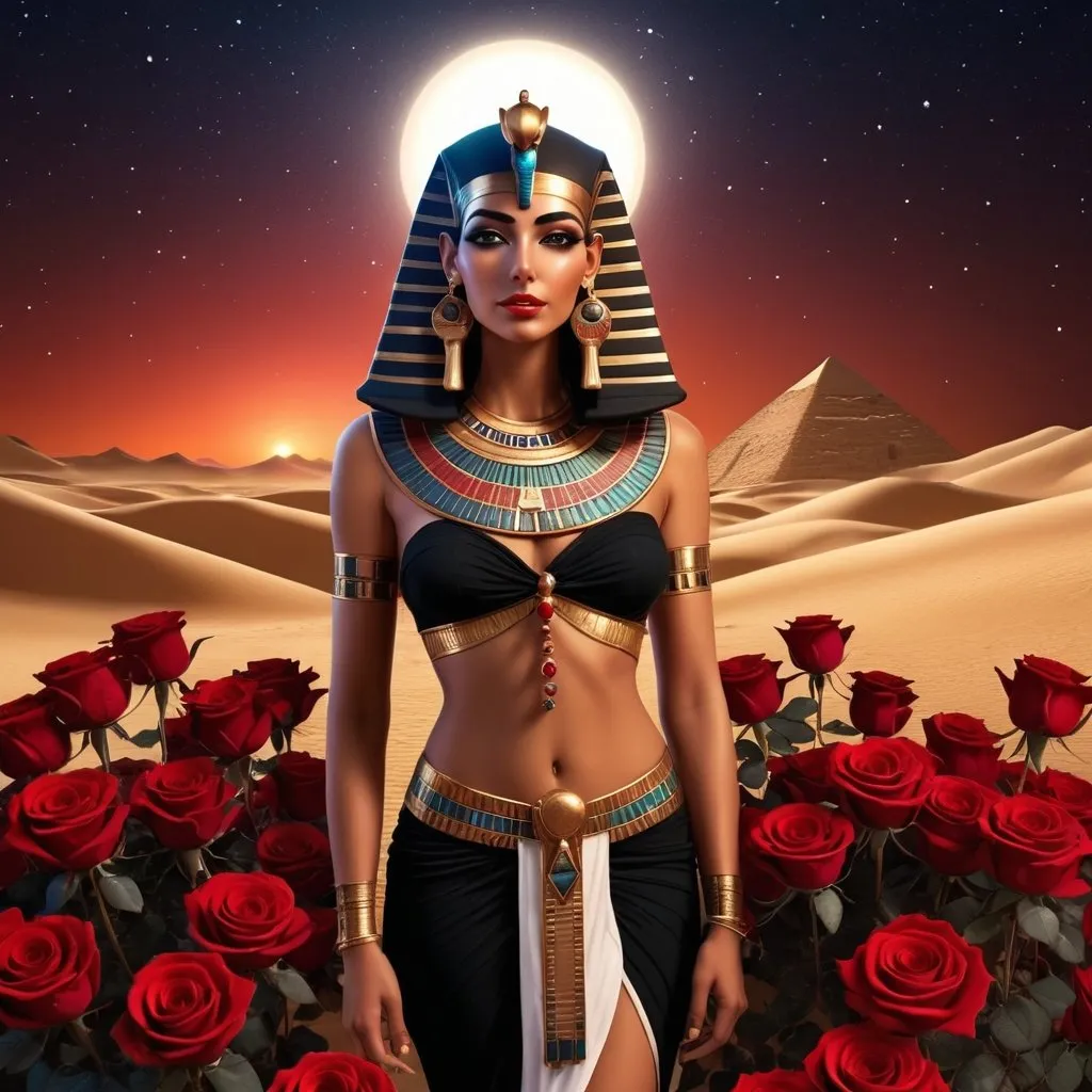 Prompt: two life like Egyptian goddess, standing in Egyptian desert, surrounded by lots of red and black roses, night time, seven stars, 