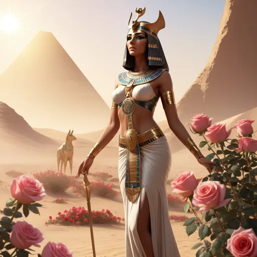 Prompt: Egyptian goddess, standing in a desert landscape, surrounded by roses, and sunlight