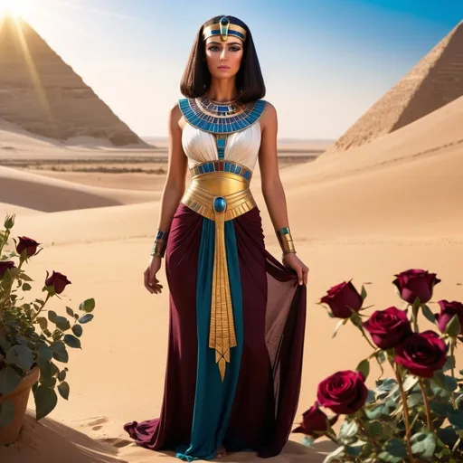 Prompt:  life like Egyptian goddess, wearing a gown, standing in Egyptian desert, surrounded by of maroon and black, blue, and green roses, sunlight, hathor