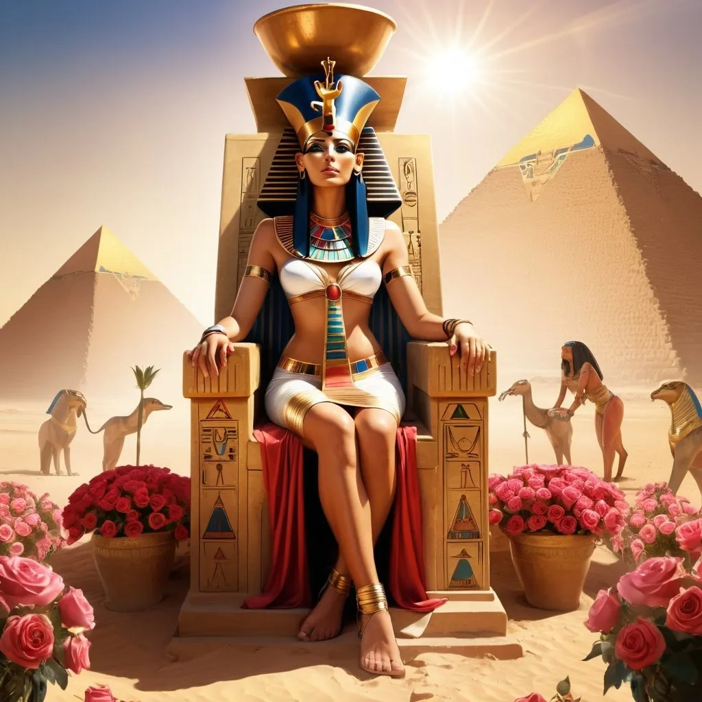 Prompt: Egyptian goddess, sitting on throne, in Egyptian desert, surrounded by roses, and sunlight, hathor, ankh, pyramid