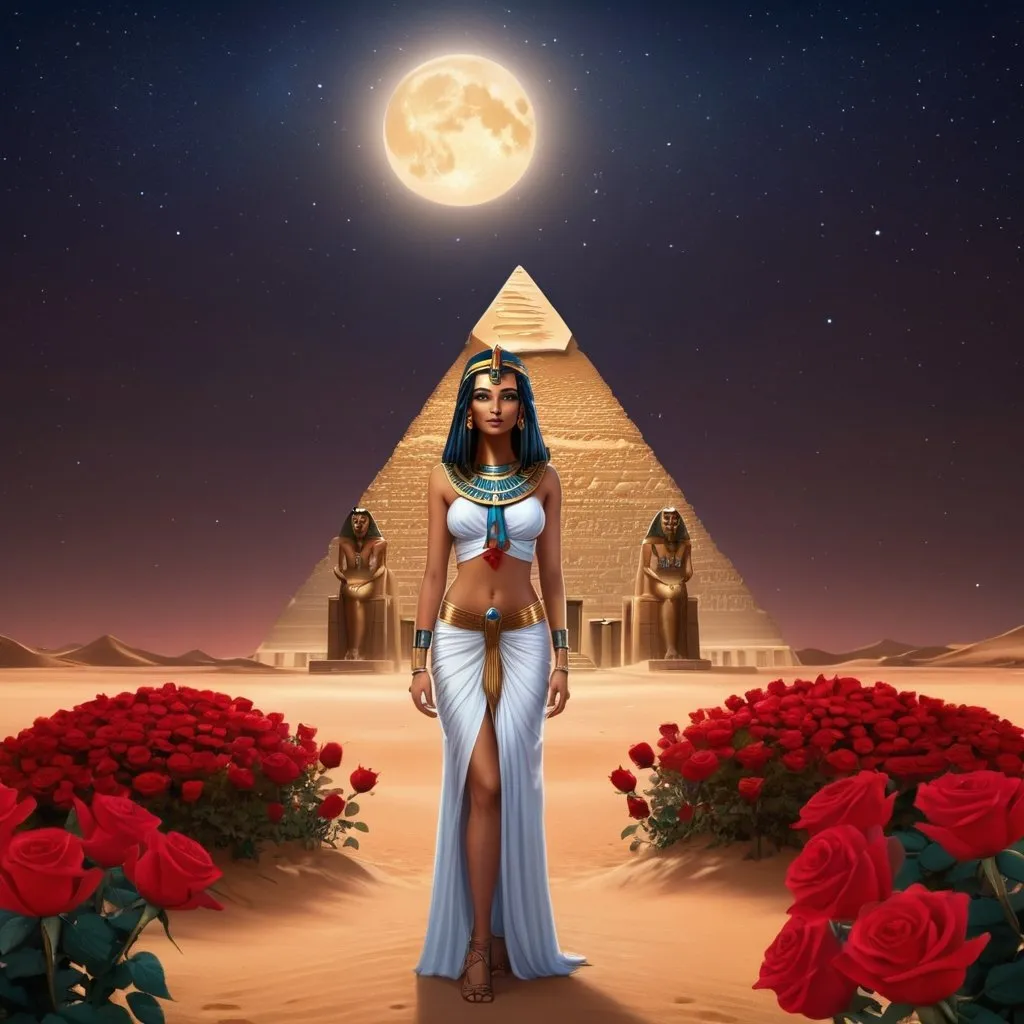 Prompt: life like Egyptian goddess, standing in Egyptian desert, temple in the distance, surrounded by red roses, night time, seven stars, 