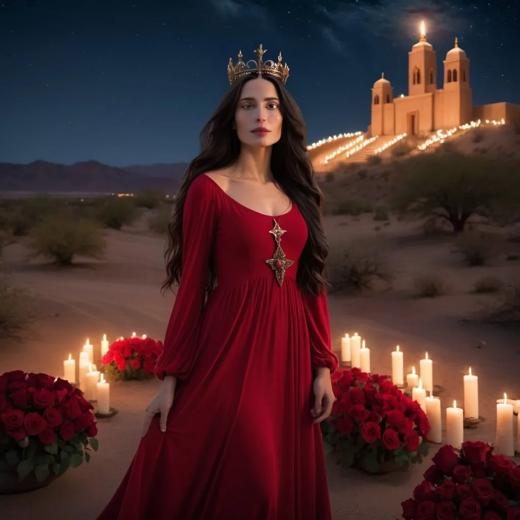 Prompt: beautiful woman, Mary Magdalene, wearing a long red gown, crown of flowers, long dark hair, desert landscape, temple in background, candles, lots of red roses, night sky, stars