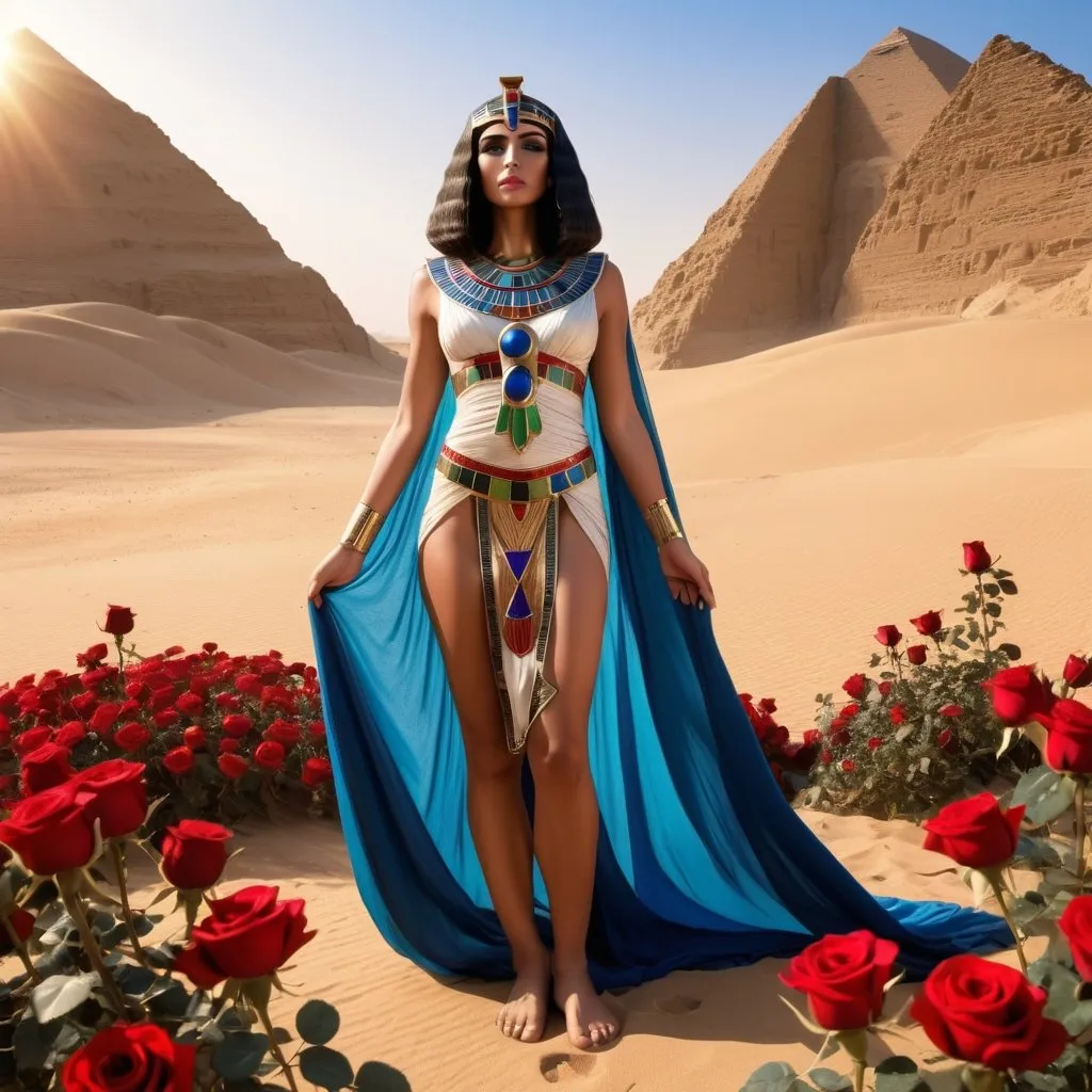 Prompt:  life like Egyptian goddess, wearing a gown, standing in Egyptian desert, surrounded by lots of red and black, blue, and green roses, sunlight, hathor