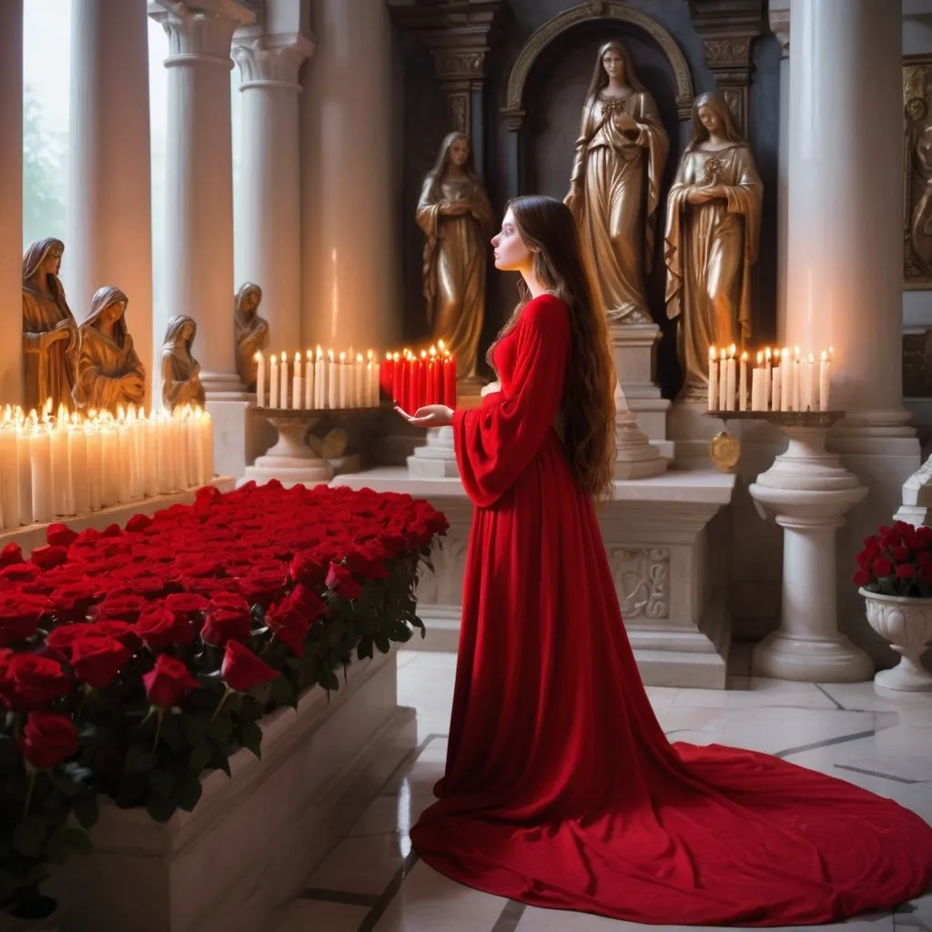 Prompt: beautiful life like woman, Mary Magdalene, wearing a long red gown, in a temple, looking at a statue, candles, lots of red roses