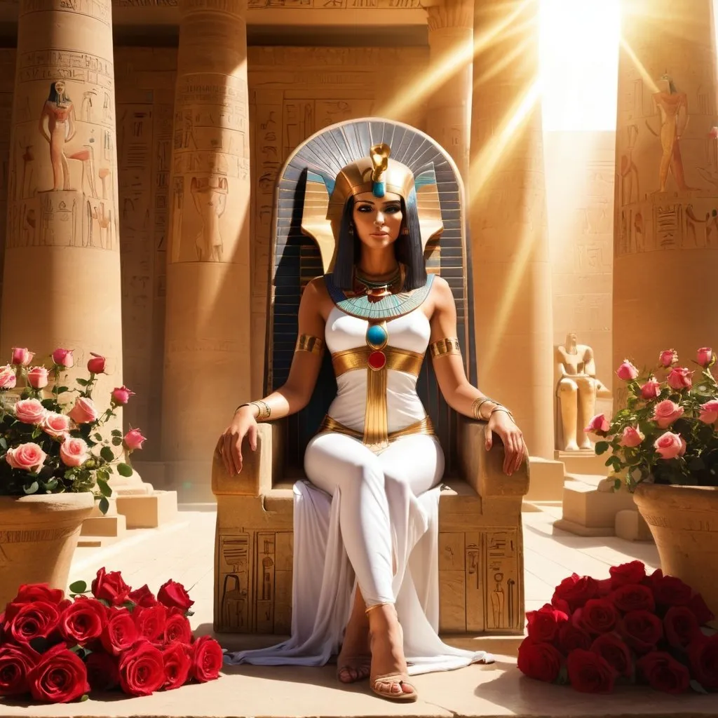 Prompt: Egyptian goddess, sitting on throne, in Egyptian temple, surrounded by roses, and sunlight, hathor