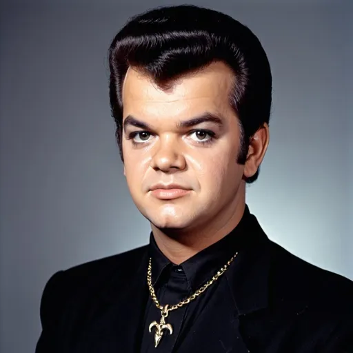 Prompt: Young Conway twitty, Gothic, wearing eyeliner, satanic