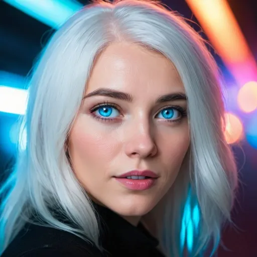 Prompt: A beautiful woman with white hair and blue eyes,neon lights