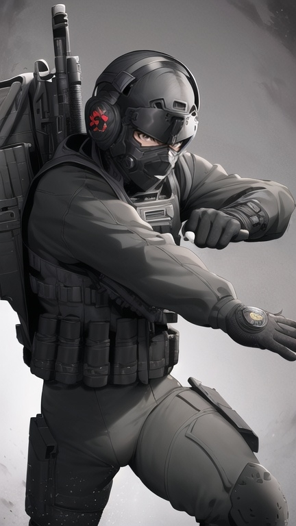 Prompt: Anime-style illustration of a lightly armoured male PMC operator, (yearbook photo style), detailed facial features, cheerful expression, engaging pose, layered black tactical gear, dramatic shadows, soft colors, subtle highlights, (highly stylized), textured background resembling an official file, ultra-detailed, dynamic composition, showcasing an anime charm.