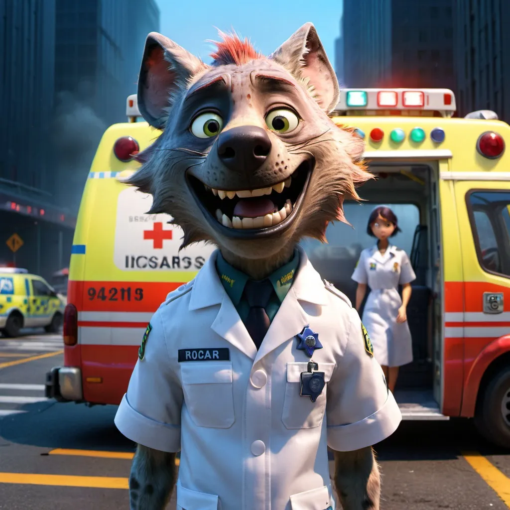 Prompt: Beastars, Female anthromorphic hyena, paramedic uniform, crashed ambulance, burning Medical Center, escape, high quality, detailed, paramedic, urban anime, dramatic lighting, intense atmosphere, action-packed, fiery tones