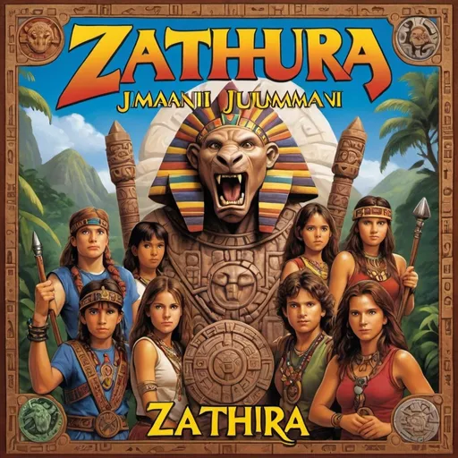 Prompt: board game cover named zathura jumanji type incan myan aztec