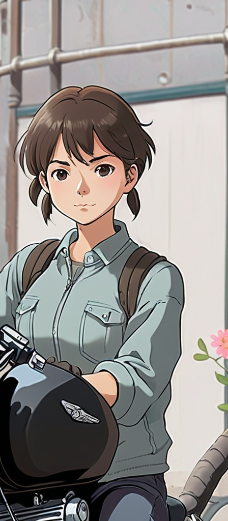 Prompt: 2d studio ghibli anime style, girl on motorcycle, anime scene