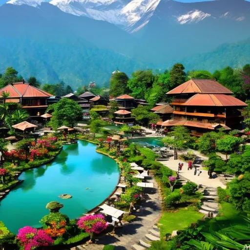 Prompt: Create a desktop image for a nature resort in Pokhara Nepal named Rock Garden Resort with snow caped mountains on background and the resort is on the hill