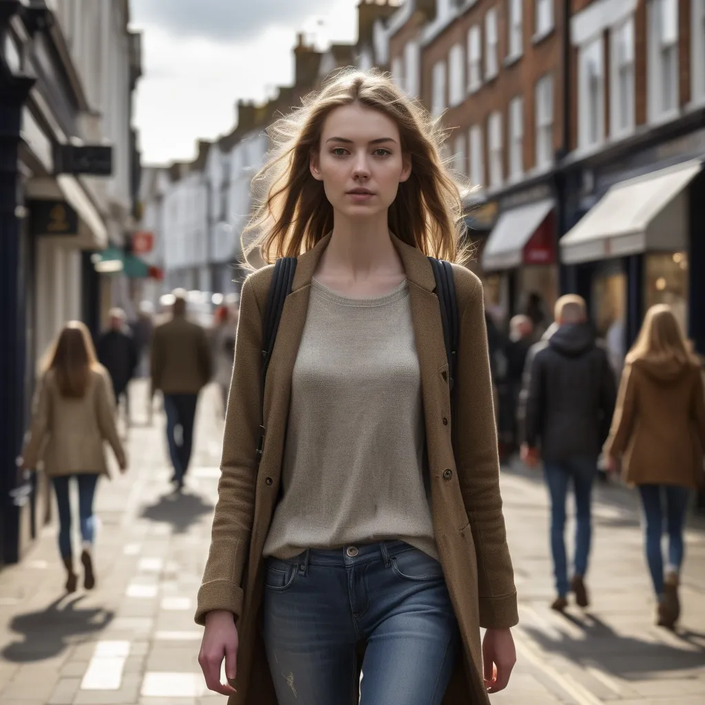 Prompt: Tall young woman walking down the high street, detailed clothing, realistic, natural lighting