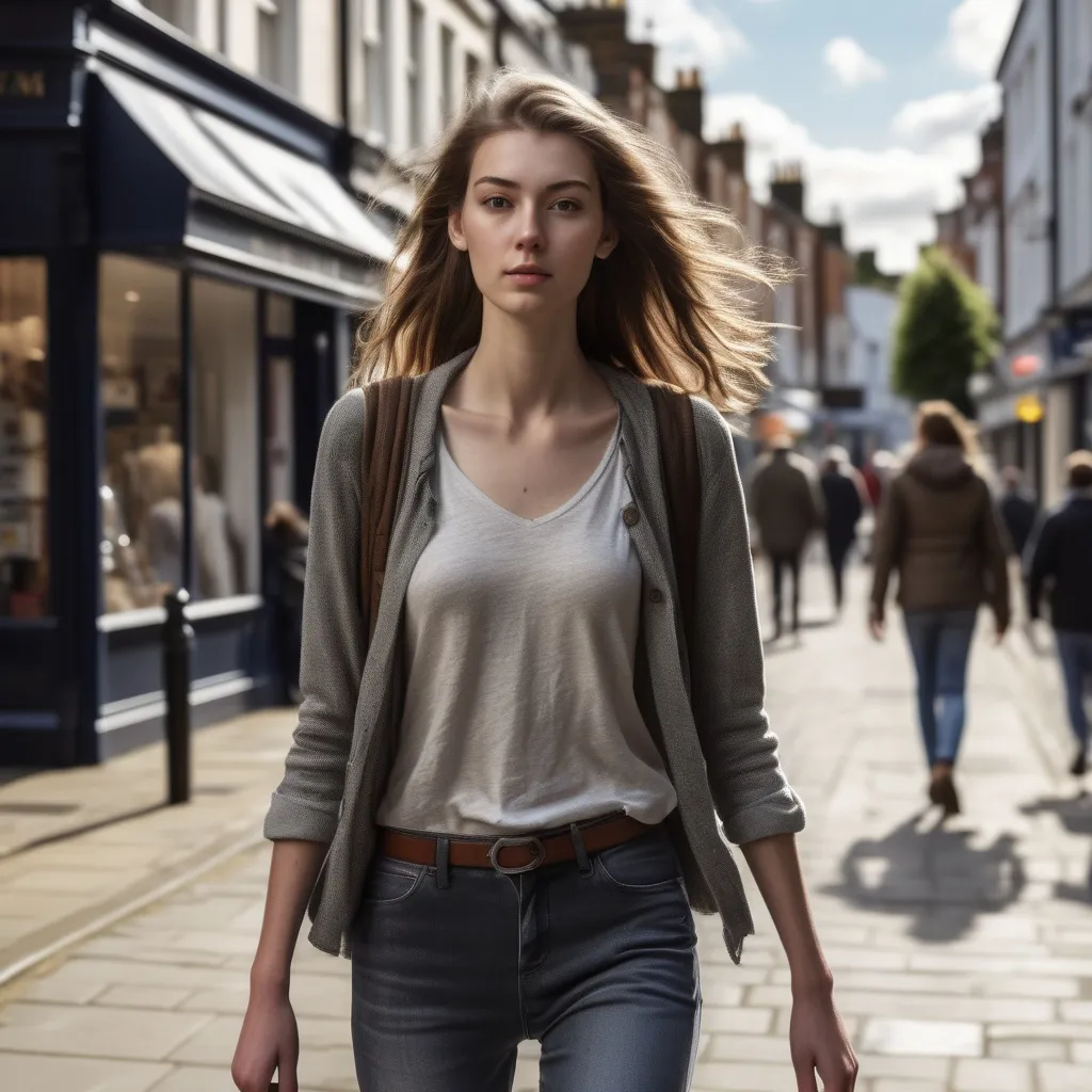 Prompt: Tall young woman walking down the high street, detailed clothing, realistic, natural lighting