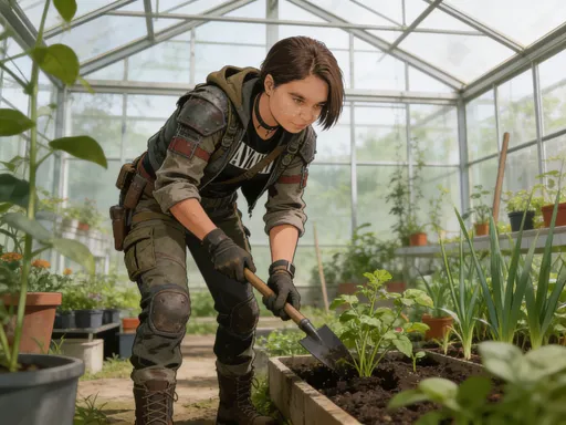 Prompt: Fayth character in post apocalyptic clothing Gardening in greenhouse American modern comic style 