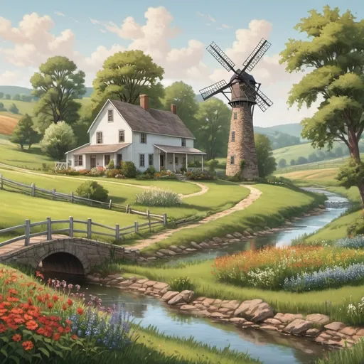 Prompt: Rolling Hills with a variety of height, quaint farmhouse with chimney in the background, a windmill, wildflowers, pond or stream. Tall Leafy Trees, 