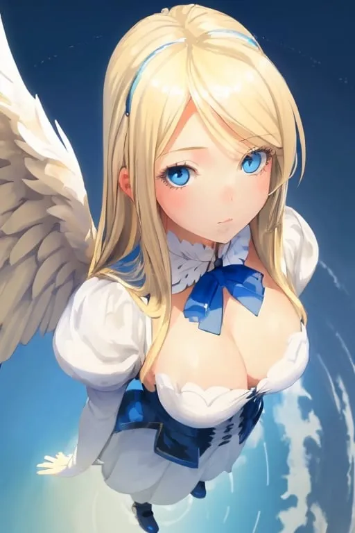 Prompt: a beatiful girl with very big female traits looking cute blonde hair with white wings and blue eyes image taken from above 
