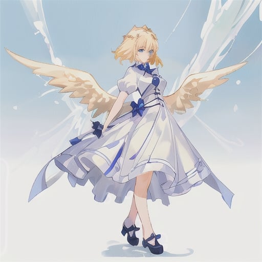 Prompt: a beatiful girl with very big female traits looking cute blonde hair with white wings and blue eyes image taken from a further away so you can see the whole body