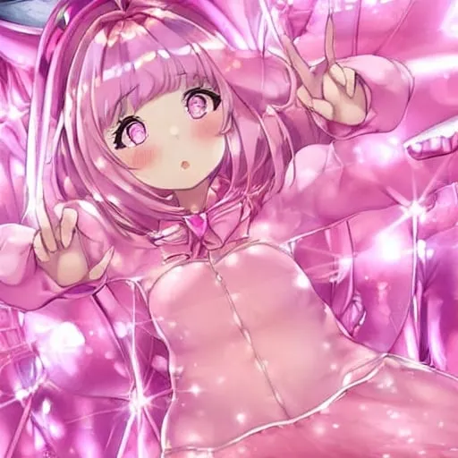 Prompt: one beatiful girl with pink sparkly eyes staring at the camera in a pink flash suit 