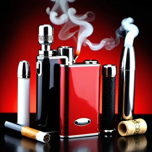 Prompt: Create a professional, elegant, and eye-catching background photo for the "Tobacco Accessories" category of a webshop. The image should feature a variety of tobacco-related products, including tobacco grinders, bong pipes, shishas, waterpipes, glass pipes for marijuana, cigarette filters, cigarette tubes, lighters, storm lighters, jet storm lighters, and cigarette cases. The overall theme and colors of the webshop are red, white, and black. The background should be sleek and modern, with a focus on highlighting the products in a sophisticated manner. Ensure the composition is balanced and visually appealing, with a professional look that will attract customers.

Specifics:

Color Scheme: Red, white, and black.
Products: Include a mix of tobacco grinders, bong pipes, shishas, waterpipes, glass pipes for marijuana, cigarette filters, cigarette tubes, lighters, storm lighters, jet storm lighters, and cigarette cases.
Style: Professional, elegant, and eye-catching.
Background: Sleek and modern, complementing the red, white, and black theme.
Lighting: High-quality lighting to enhance the elegance and appeal of the products.
Layout: Balanced and visually appealing composition, showcasing the variety of products effectively.

ELEGANT
