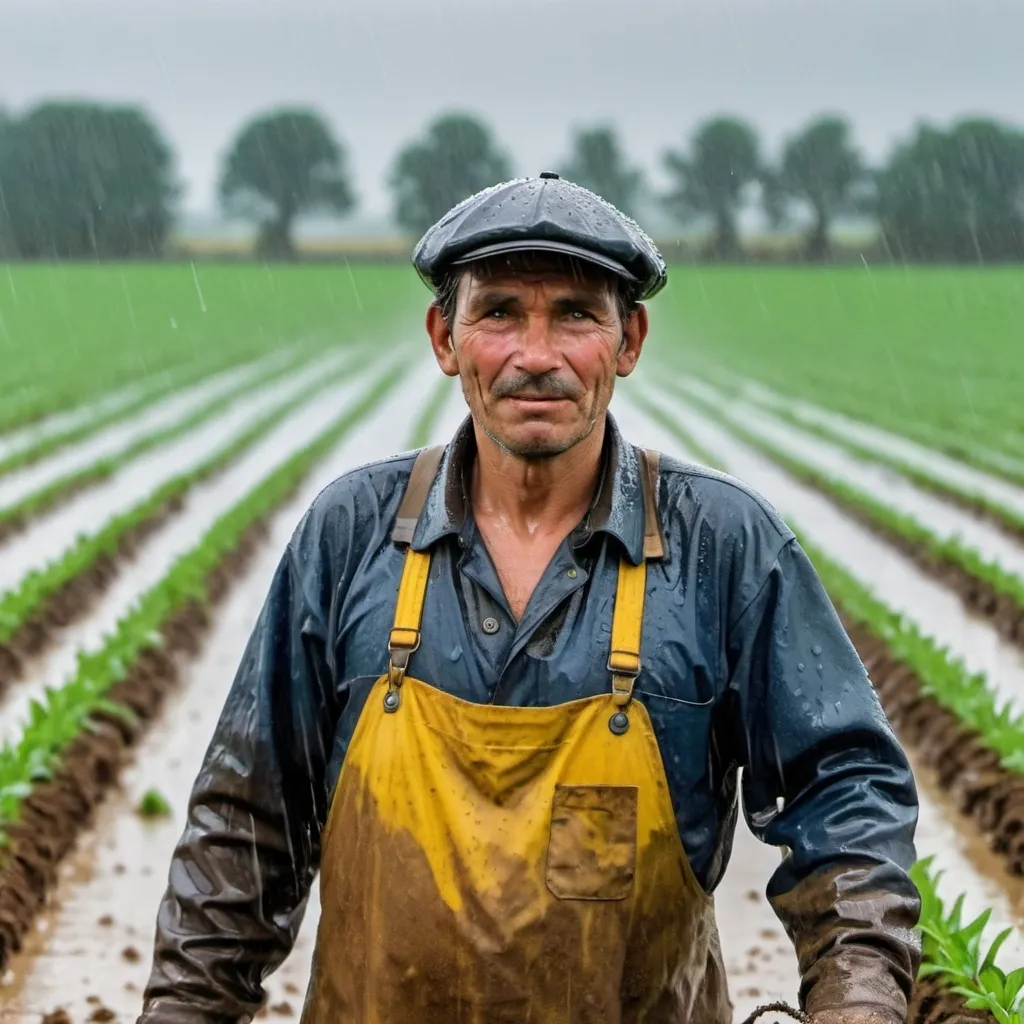 Prompt: “A farmer working in his field during the rain. His clothes are wet, and his face shows signs of hard work and satisfaction. The background shows the field and raindrops falling.” 