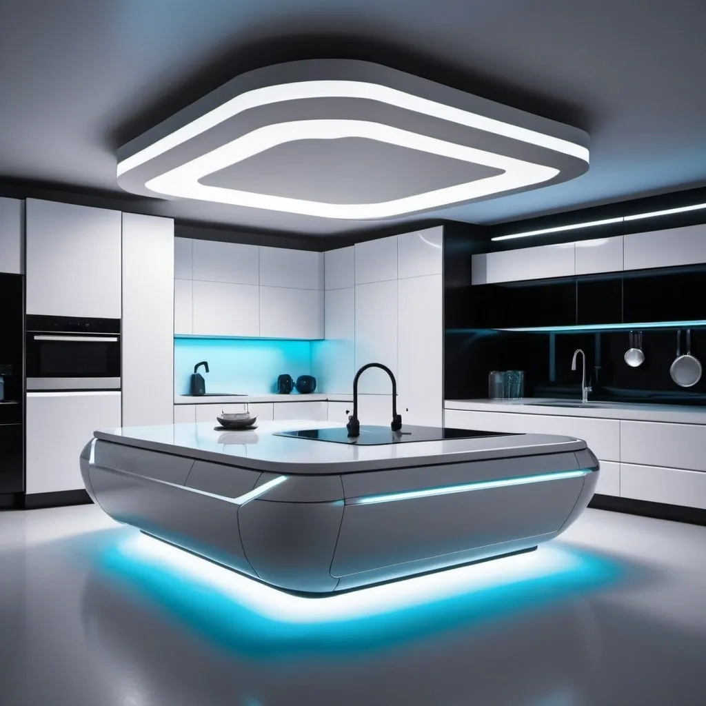 Prompt: Step into a futuristic kitchen of the 22nd century, with a levitating
island, holographic lights, and AI-powered appliances, designed by Zaha
Hadid.
Bed