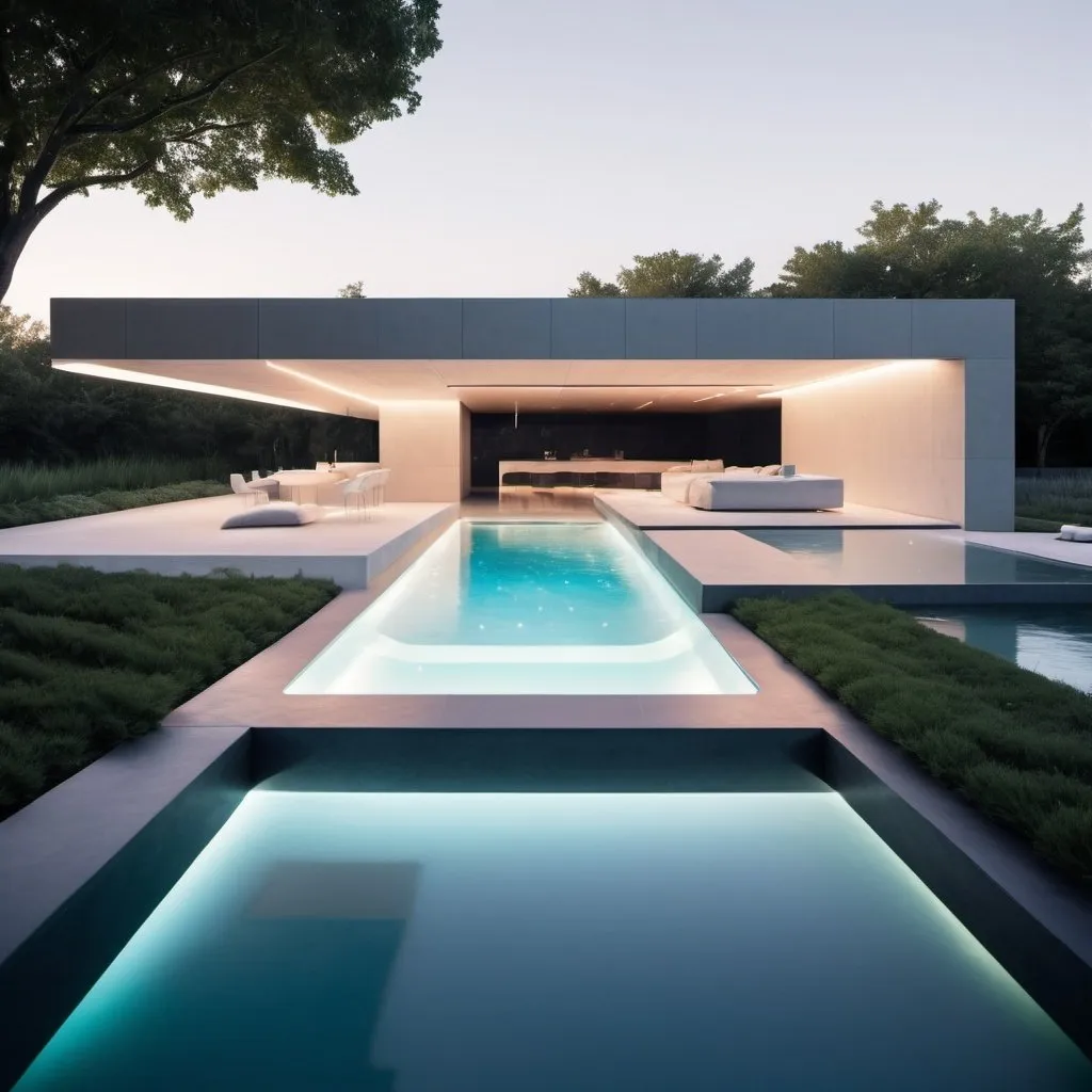 Prompt: A futuristic backyard characterized by innovative materials and
clean lines, showcasing a mesmerizing infinity pool, high-tech lighting,
and a cutting-edge water feature in the style of Bjarke Ingels' daring
vision.