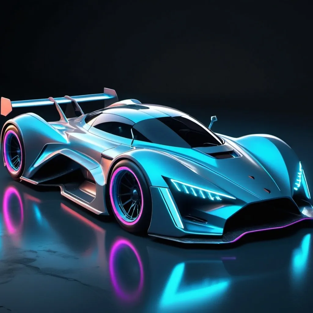 Prompt: Zbrush, Futuristic racing vehicle, sleek and aerodynamic, highangle view, bathed in the glow of neon underlights, color palette of neon blues and silvers, style of Vitaly Bulgarov, intense spotlights, 3D digital art aesthetic, octane render, 4k resolution, sharp details::1.6, highfidelity::1.2, photorealistic rendering::1.5 