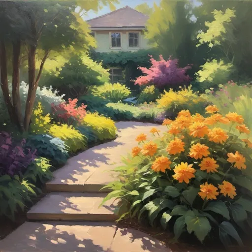 Prompt: A vibrant oil painting capturing the play of sunlight and shadows in an impressionist garden landscape, with loose brushwork and an emphasis on the shifting colors of flowers and foliage.