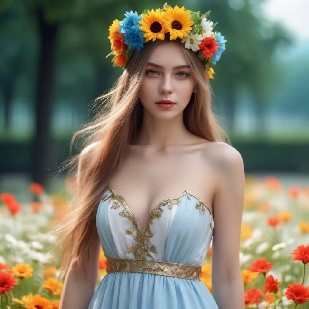 Prompt: portrait photography,portrait
advertisement,gold long-hair and white
skin Europe beauty girl wears colorful
headdress, light blue gradient
background,a dress made of
flowers,outdoor,Sabatier filter,front
view,full body shot,photograph taken by
Sony a7S Ill,with Sony FE 50mm,f/1.4 ZA
lens, tilt-shift lens,motion blur,fantasy
engine, fantasy, high details, realistic
shadows, hyper realistic, professional
lighting, style raw
--ar 2:3 --s 200 --v 6 --q 2 --style raw