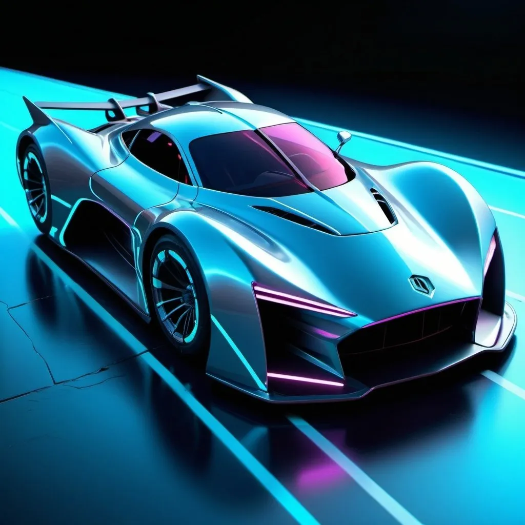 Prompt: Zbrush, Futuristic racing vehicle, sleek and aerodynamic, highangle view, bathed in the glow of neon underlights, color palette of neon blues and silvers, style of Vitaly Bulgarov, intense spotlights, 3D digital art aesthetic, octane render, 4k resolution, sharp details::1.6, highfidelity::1.2, photorealistic rendering::1.5 