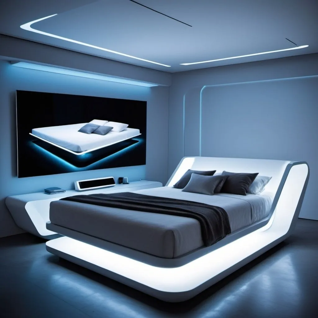 Prompt: Enter a futuristic bedroom inspired by minimalism and cuttingedge
technology, featuring a futuristic levitating bed, a sleek
multifunctional sofa that adapts to your needs, and walls equipped with
interactive LED displays, all envisioned by the visionary interior designer,
Philippe Starck.