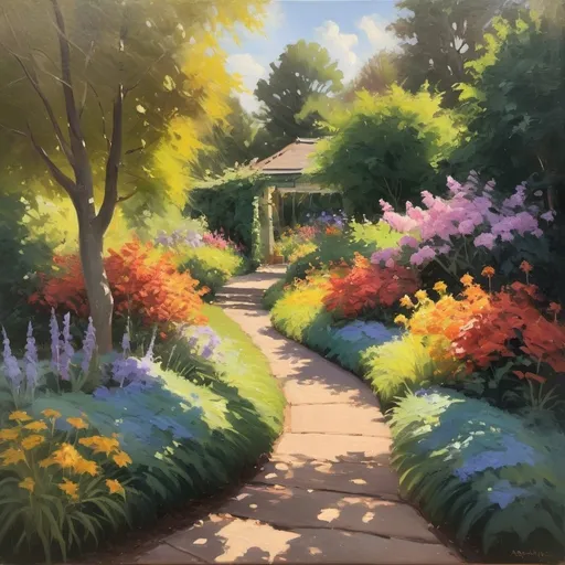 Prompt: A vibrant oil painting capturing the play of sunlight and shadows in an impressionist garden landscape, with loose brushwork and an emphasis on the shifting colors of flowers and foliage.