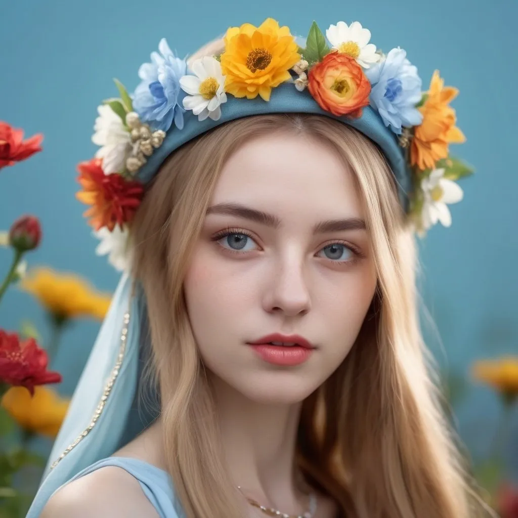 Prompt: portrait photography,portrait
advertisement,gold long-hair and white
skin Europe beauty girl wears colorful
headdress, light blue gradient
background,a dress made of
flowers,outdoor,Sabatier filter,front
view,full body shot,photograph taken by
Sony a7S Ill,with Sony FE 50mm,f/1.4 ZA
lens, tilt-shift lens,motion blur,fantasy
engine, fantasy, high details, realistic
shadows, hyper realistic, professional
lighting, style raw
--ar 2:3 --s 200 --v 6 --q 2 --style raw