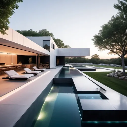 Prompt: A futuristic backyard characterized by innovative materials and
clean lines, showcasing a mesmerizing infinity pool, high-tech lighting,
and a cutting-edge water feature in the style of Bjarke Ingels' daring
vision.