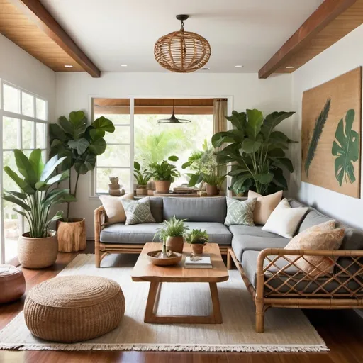 Prompt: (Living Room Description): Step into an earthy and organic living
room, surrounded by lush indoor plants and natural materials. (Furniture
Description): You'll find a rattan sectional, a live-edge wooden coffee
table, and cozy floor cushions. (Famous Interior Designer Style): Inspired
by the eco-friendly sensibility of Emily Henderson, this living room
promotes a harmonious connection with nature.
