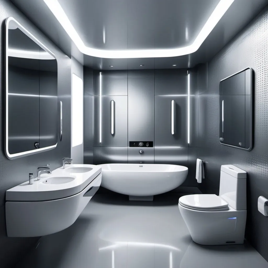 Prompt: Step into a futuristic bathroom space inspired by space-age
designs, featuring sleek surfaces, metallic accents, and a high-tech smart
toilet, a nod to the innovative mind of Karim Rashid.