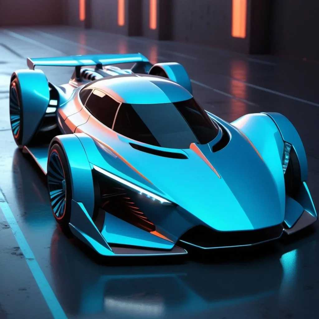 Prompt: Zbrush, Futuristic racing vehicle, sleek and aerodynamic, highangle view, bathed in the glow of neon underlights, color palette of neon blues and silvers, style of Vitaly Bulgarov, intense spotlights, 3D digital art aesthetic, octane render, 4k resolution, sharp details::1.6, highfidelity::1.2, photorealistic rendering::1.5 