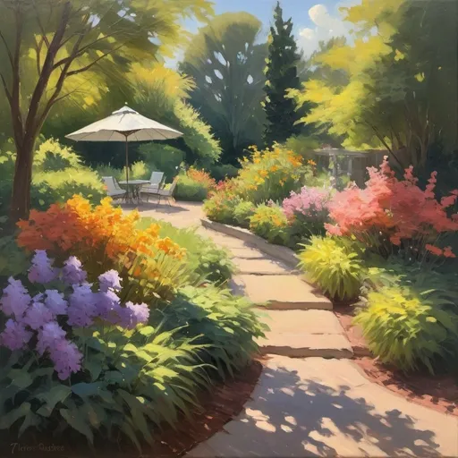 Prompt: A vibrant oil painting capturing the play of sunlight and shadows in an impressionist garden landscape, with loose brushwork and an emphasis on the shifting colors of flowers and foliage.