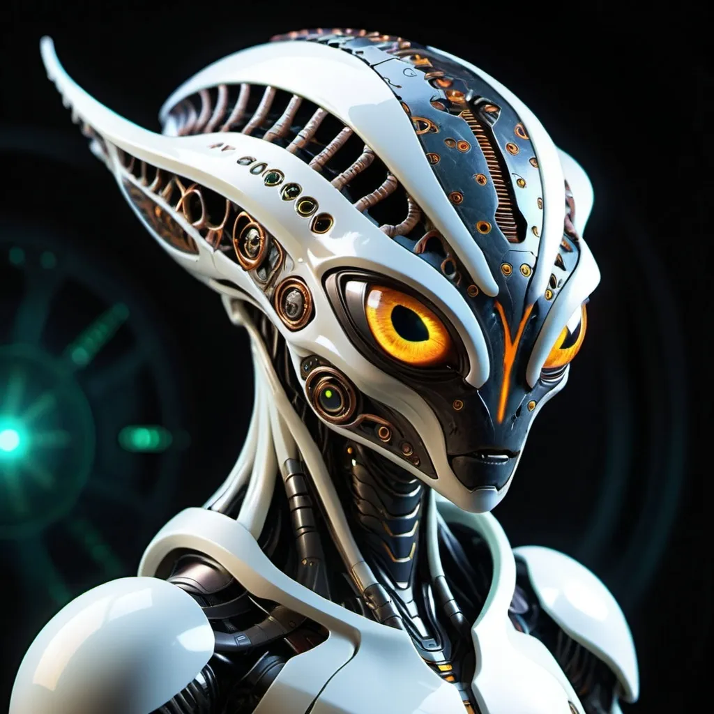 Prompt: An alien species with unique, intricate designs, glowing eyes, and advanced bio-mechanical armor.