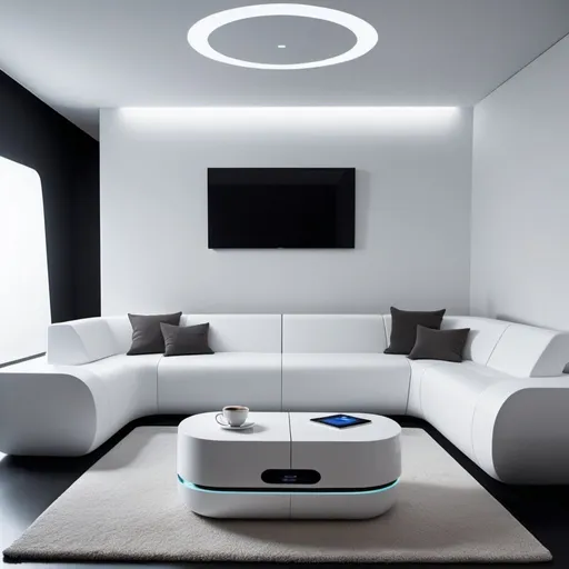 Prompt: Enter a futuristic living room inspired by minimalism and cuttingedge
technology, featuring a futuristic levitating coffee table, a sleek
multifunctional sofa that adapts to your needs, and walls equipped with
interactive LED displays, all envisioned by the visionary interior designer,
Philippe Starck.